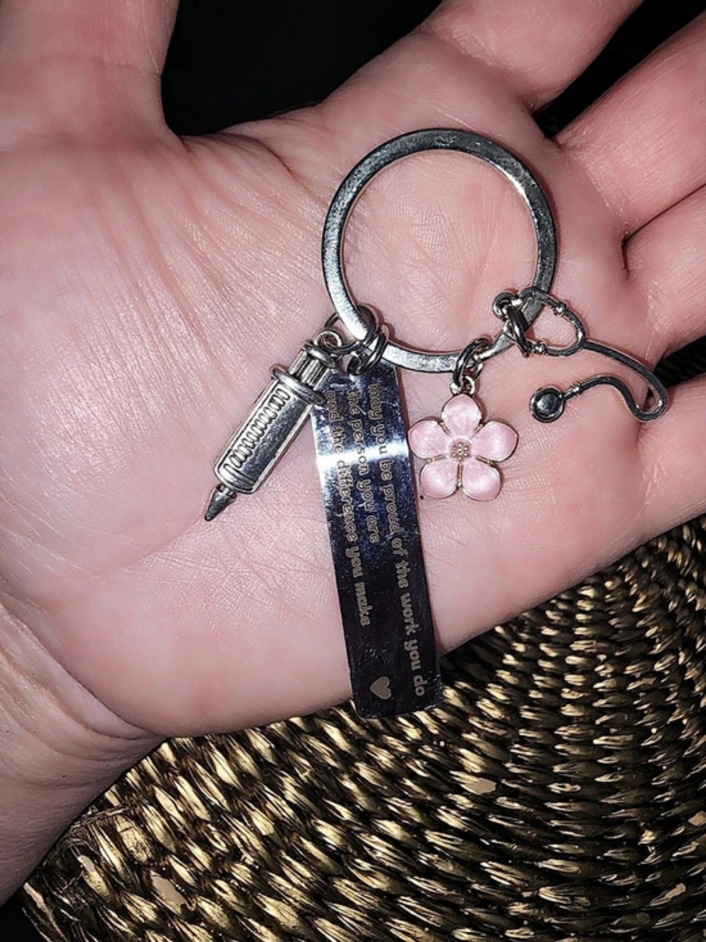 Healh Care Silver & Pink Flower Keychain